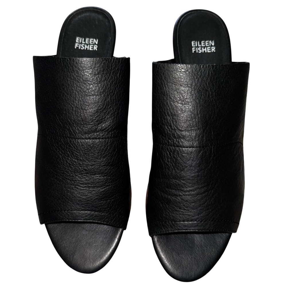 Eileen Fisher Black Leather Slip On Mule Wedge Sandals Size 10